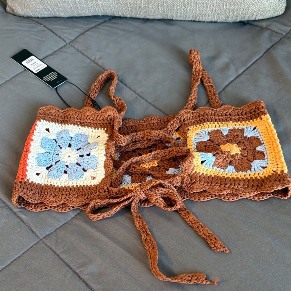 Crochet Bralette with Colorful Granny Squares M NEW Brown Boho Festival Crop Top - Picture 6 of 7